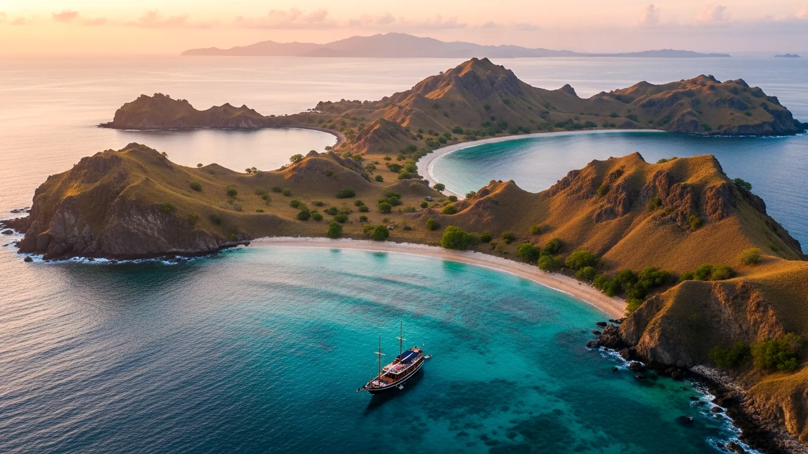 Padar Island and turquoise bays of Komodo National Park at dawn