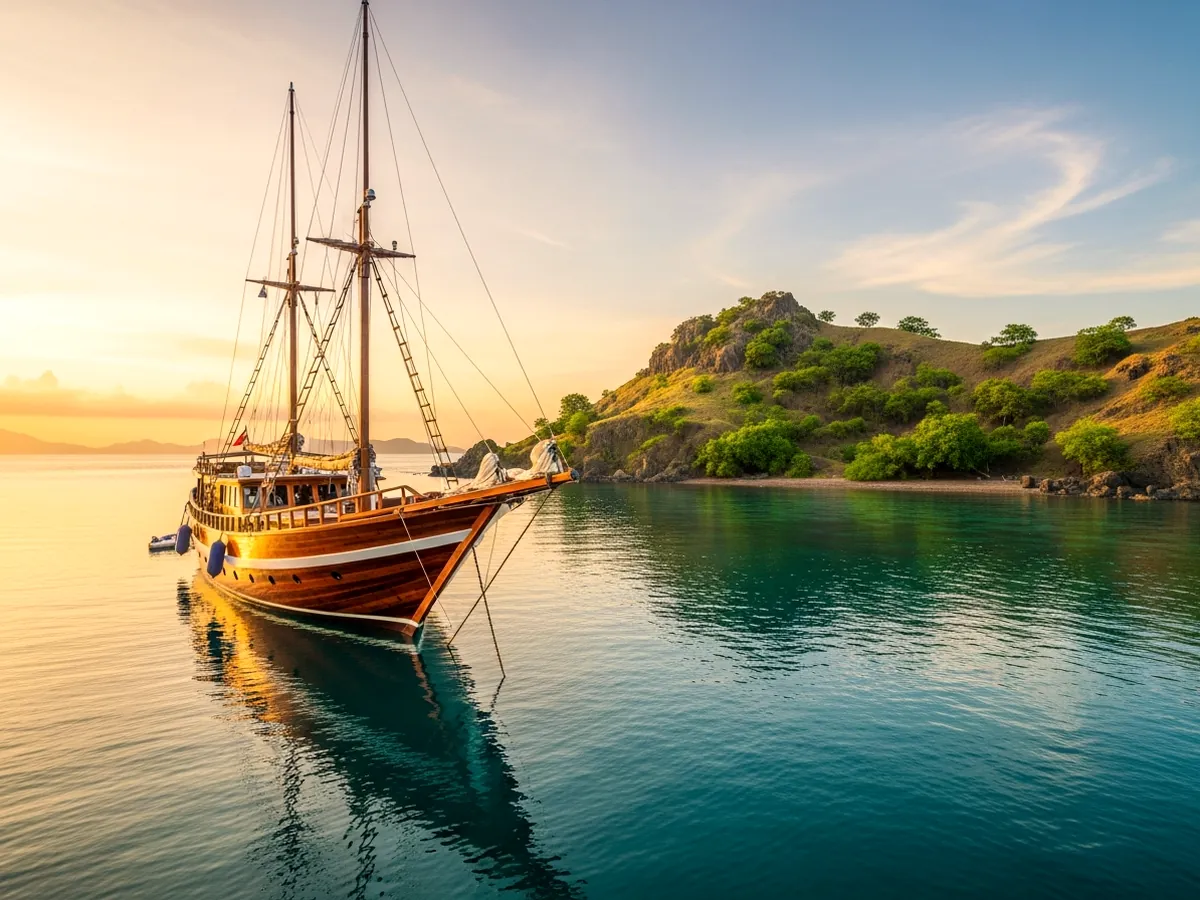 Private phinisi at anchor in Komodo National Park at golden hour
