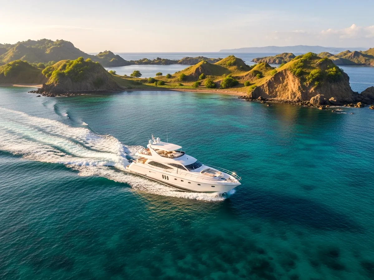 Luxury yacht cruising turquoise water near Komodo