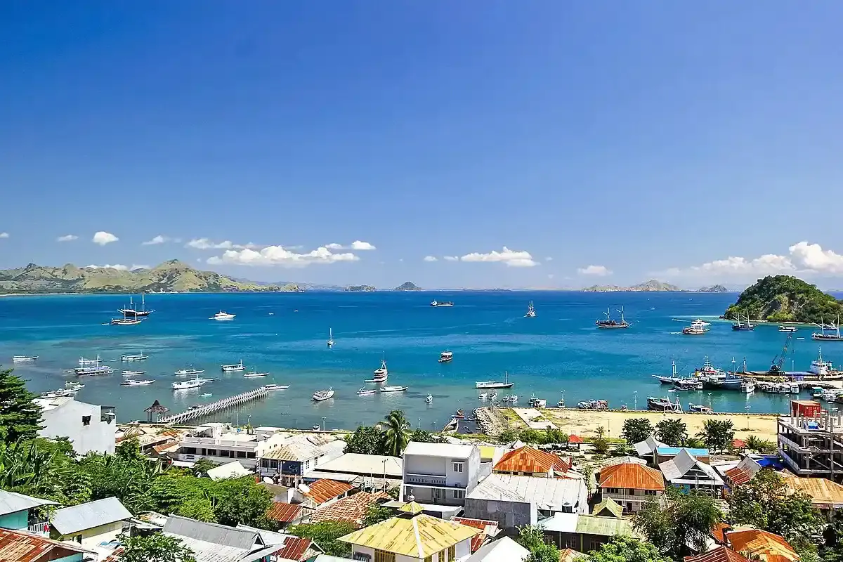 Hillside view over Labuan Bajo town rooftops to a harbour full of anchored boats and distant islands